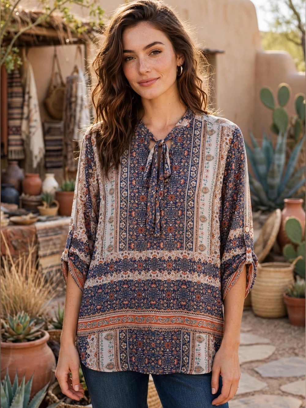 Unity World Wear Boho Paisley Border Print Tunic Blouse Top XL